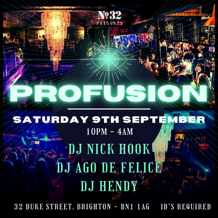 Profusion flyer with DJs: Nick Hook, Ago De Felice and Hendy.