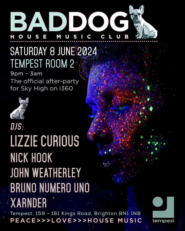 BAD DOG Club artwork, with DJs Nick Hook, Lizzie Curious and Xarnder.